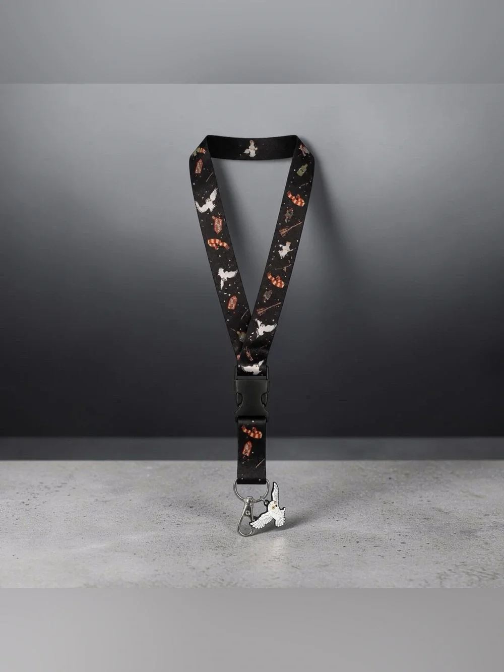 Black Owl Print Lanyard with Silver Charm - Key & Card Holder